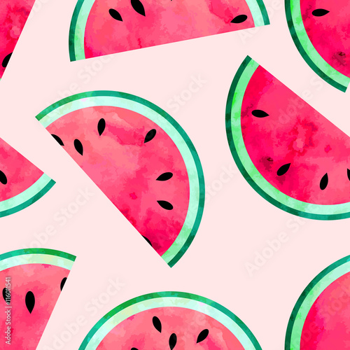 Fruity seamless vector pattern with watercolor paint textured watermelon pieces.