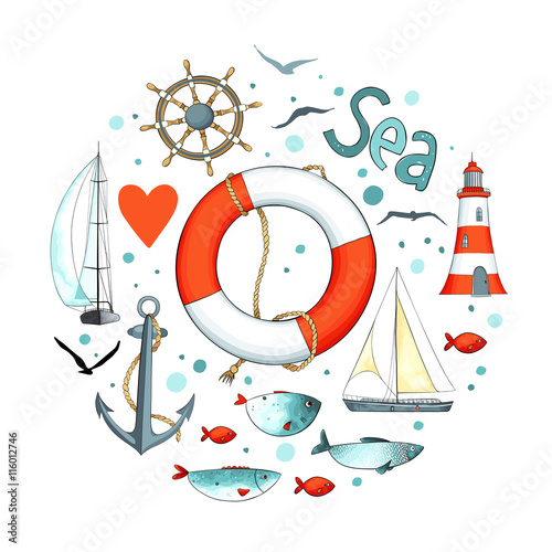 Collection of nautical elements in a circle shape.