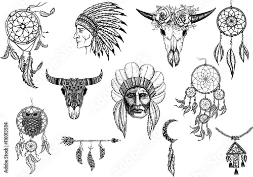 Hand drawn tribal collection with bow,arrows, feathers, dreamcatcher, horns, frame and border, floral elements for design logo, invitation  more. Vector ethnic, aztec, hipster symbols