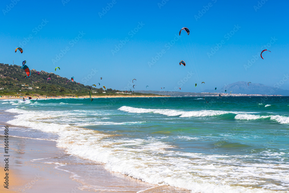 kites flying over Tarifa beach