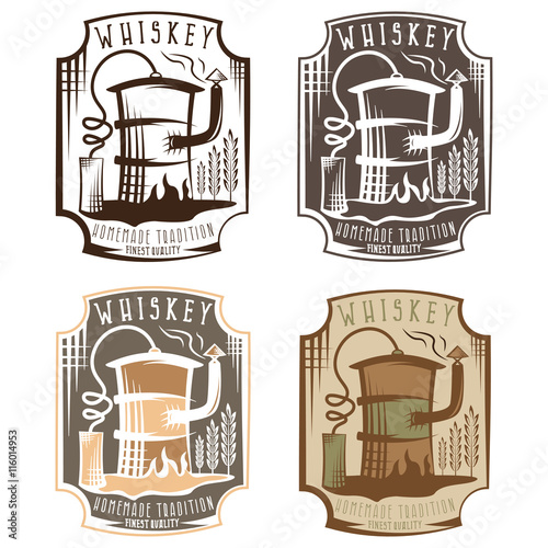whiskey labels set with home alcohol machine in oil barrel