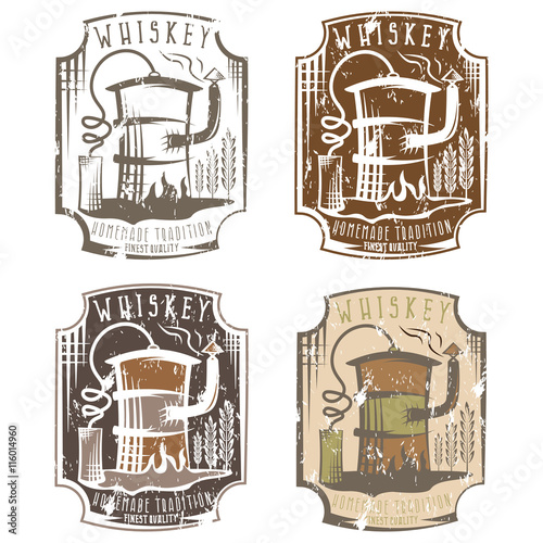 whiskey grunge labels set with home alcohol machine in oil barre