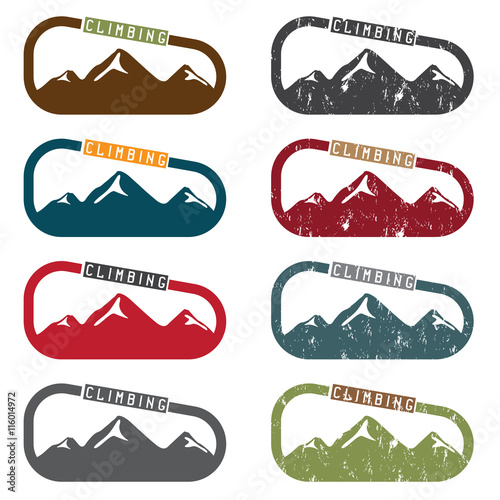 climbing vector illustration set with mountains and carabiner