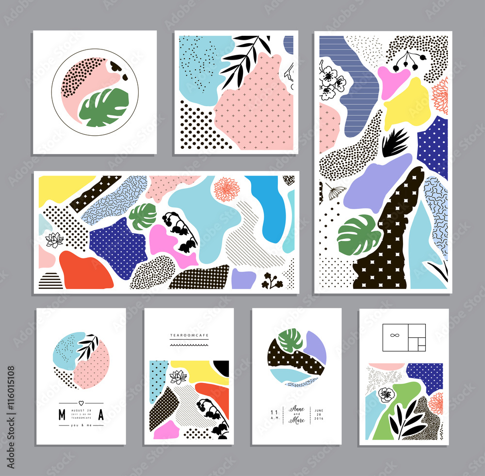 Collection of trendy creative cards with floral elements and different textures. Collage. Design for poster, card, invitation, placard, brochure, flyer. Vector