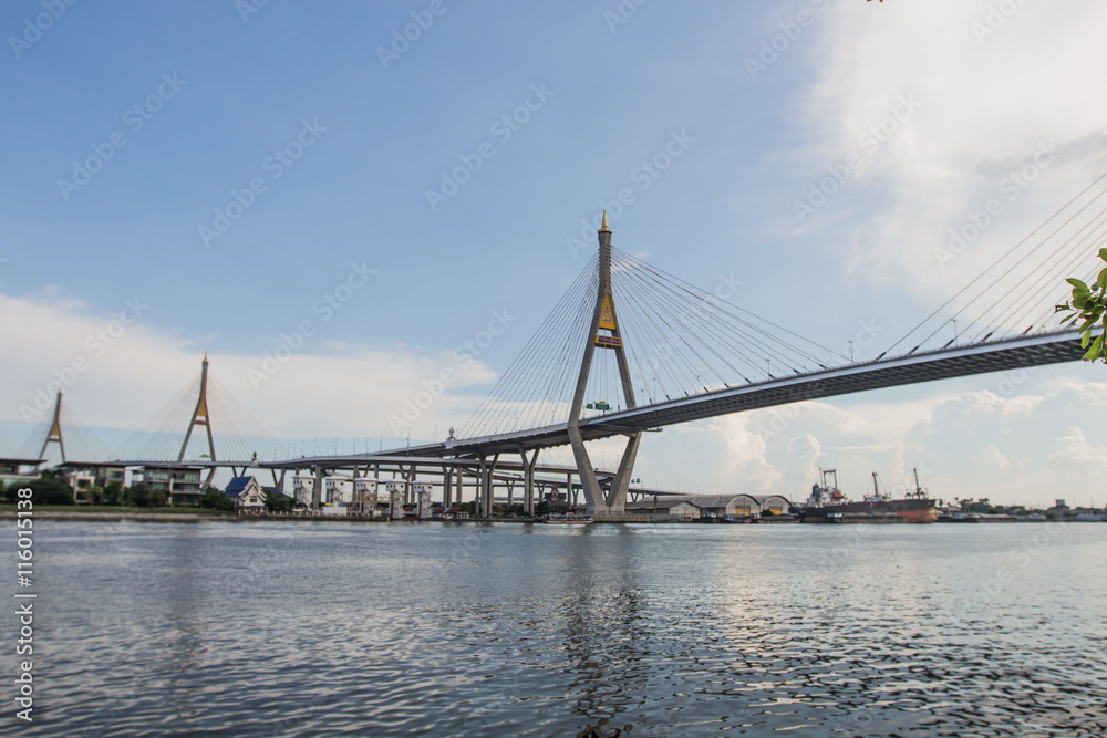 The suspension bridge with brighten sky