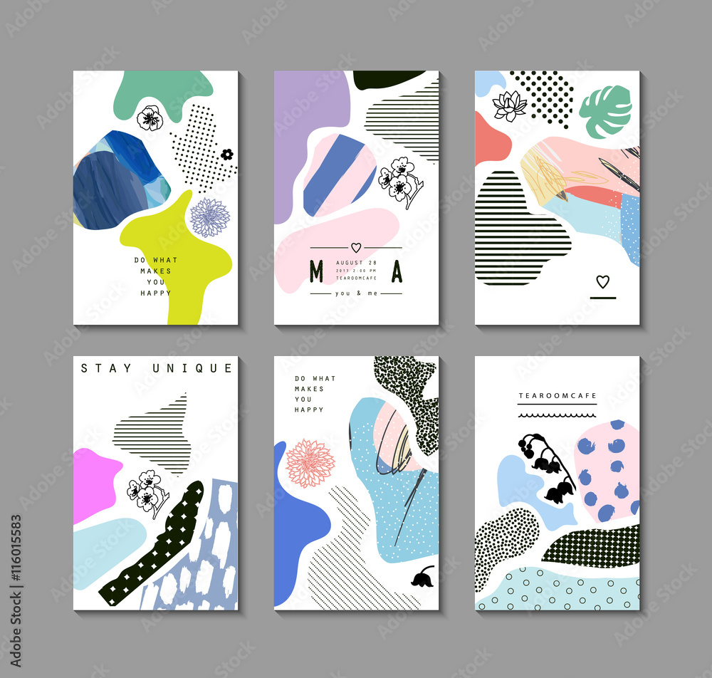 Collection of trendy creative cards with floral elements and different textures. Collage. Design for poster, card, invitation, cover, placard, brochure, flyer. Vector