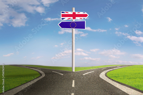 Brexit signpost with flag of UK and EU