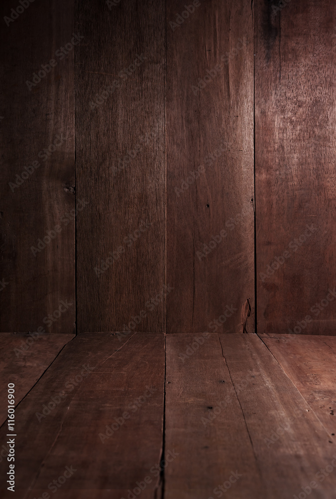 Fototapeta Old natural dark brown wood wall texture in still life style and low key tone