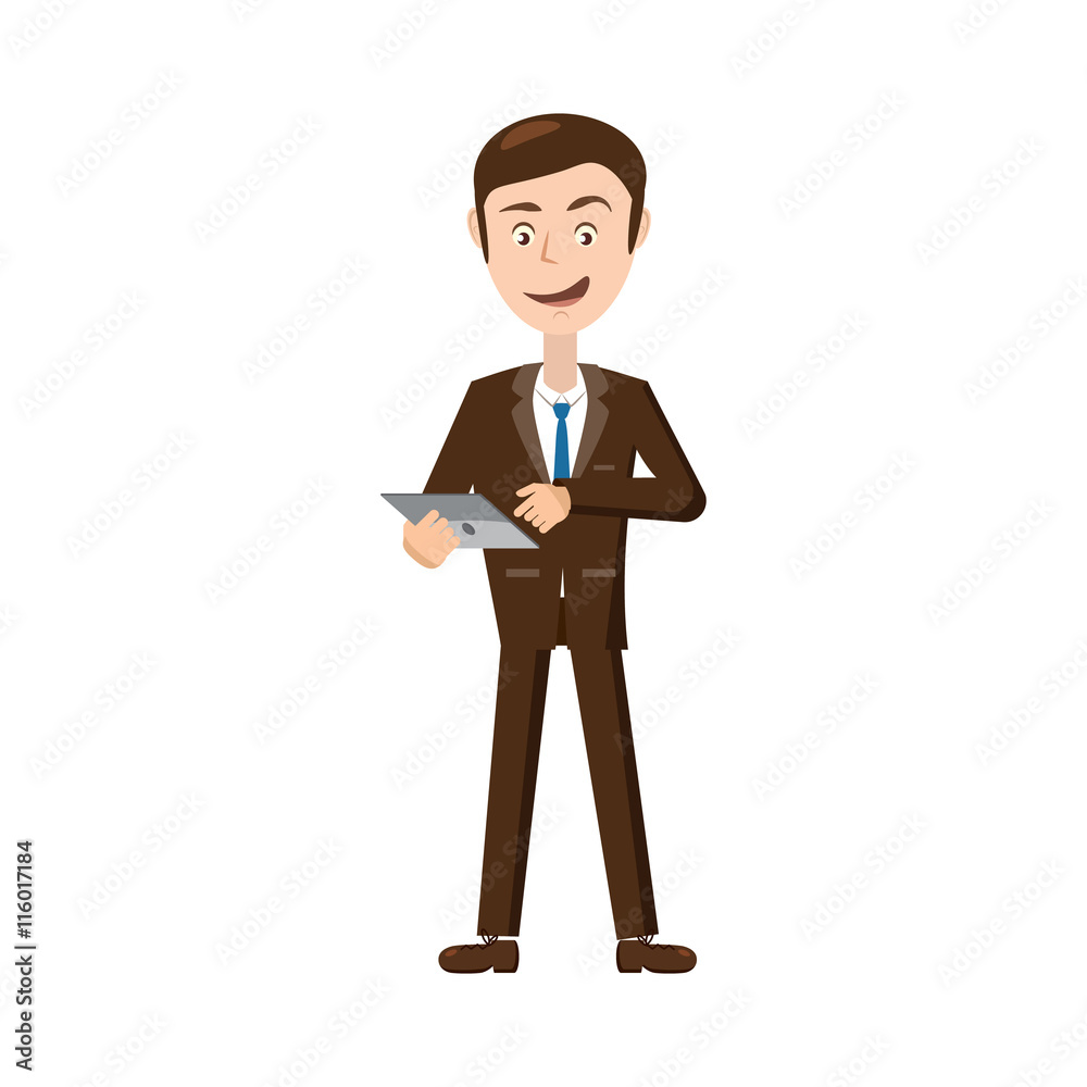 Businessman with tablet icon in cartoon style isolated on white background