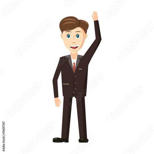 Businessman with hand up full length icon in cartoon style isolated on white background