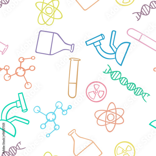 Seamless pattern background chemistry. Science vector. Wallpaper chemical instruments. University and school education.