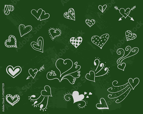 ?lackboard with hearts vector. Decoration romantic wallpaper. Fondness symbol background. Love set. Doodle romance day. photo