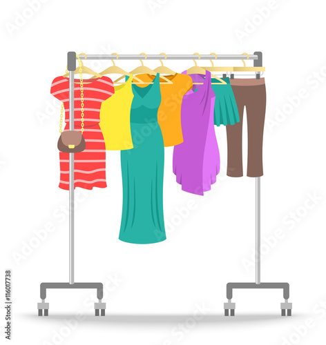 Hanger rack with women clothes collection. Flat style vector illustration. Female casual garment hanging on rolling metal commercial stand. Summer sale fashion concept. Dresses, shirts, skirts, pants