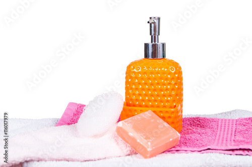 Bottiglia, porta sapone liquido, soggetto isolato sfondo bianco, sapone per bagno, saponetta, sapone liquido shampoo photo