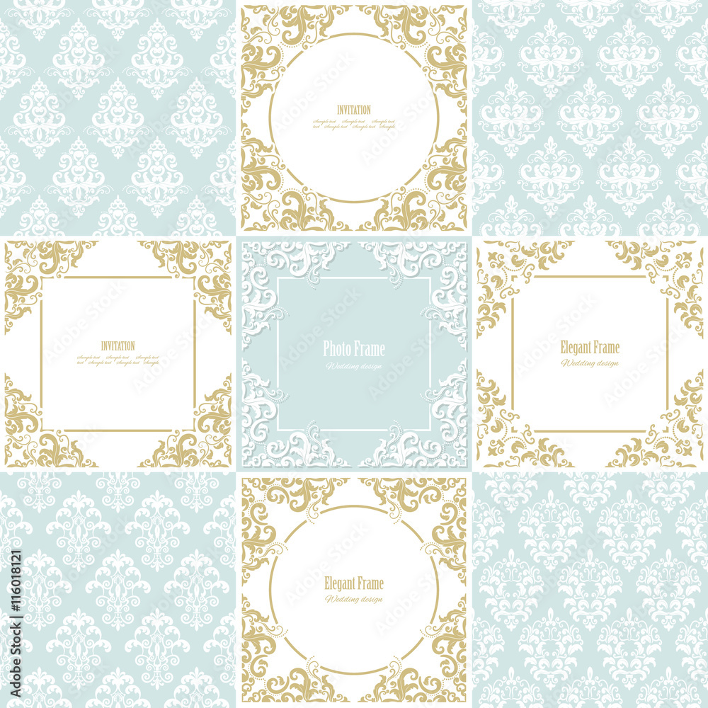 Elegant frames and damask seamless pattern set. Templates for wedding design.