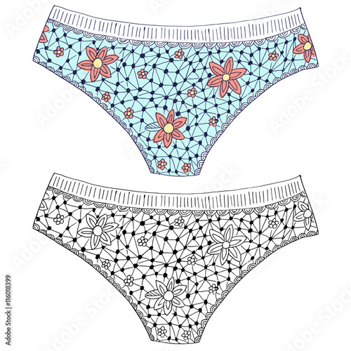 Textile panties zen tangle and zen doodle. Underpants zentangle vector. Underwear for woman coloting book.