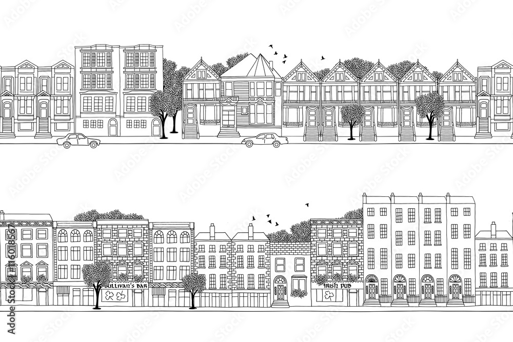 Two hand drawn seamless city banners with Victorian style houses