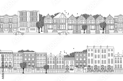 Two hand drawn seamless city banners with Victorian style houses