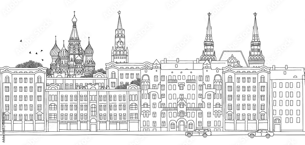 Moscow, Russia - seamless banner of Moscow's skyline, hand drawn black and white illustration
