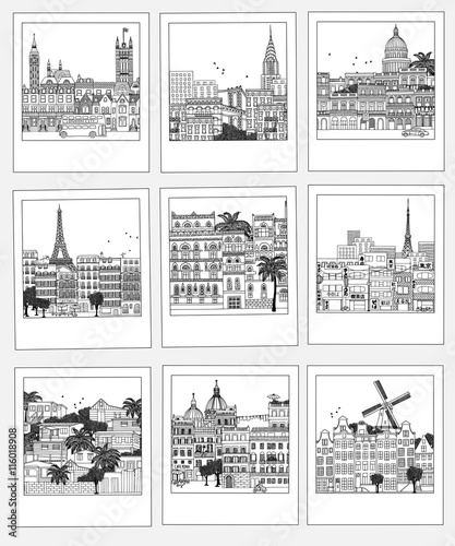 Set of hand drawn photographs with different travel destinations from around the world