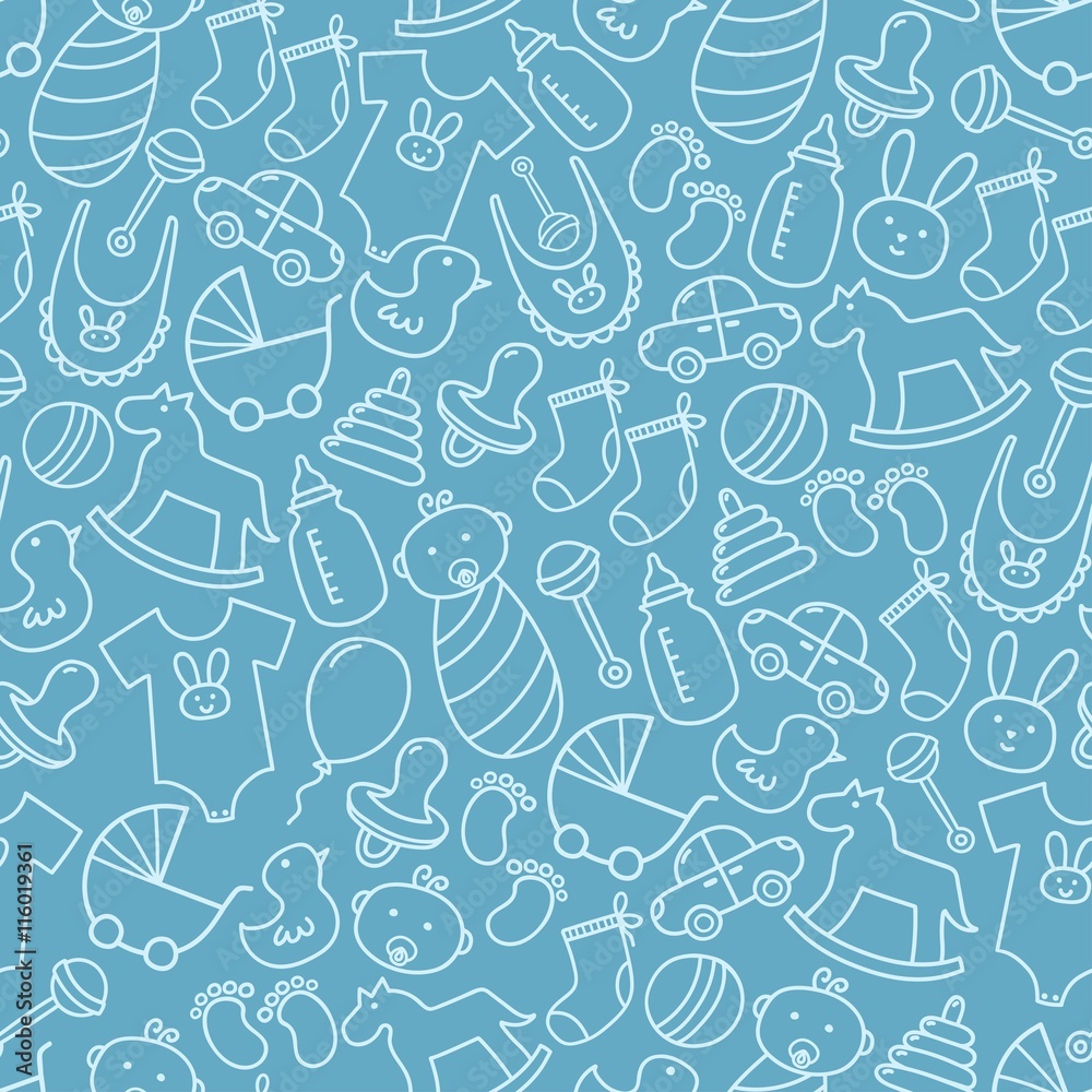 Baby shower doodle seamless pattern. Blue background Stock Vector | Adobe  Stock