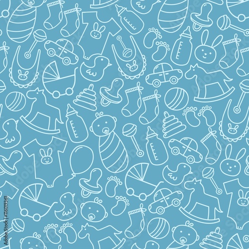 Baby shower doodle seamless pattern. Blue background