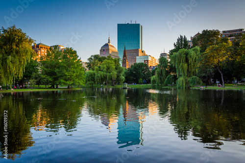The lake at the Boston Public Garden and buildings at Copley Squ