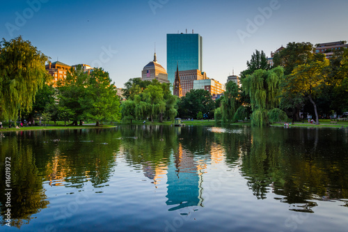 The lake at the Boston Public Garden and buildings at Copley Squ photo