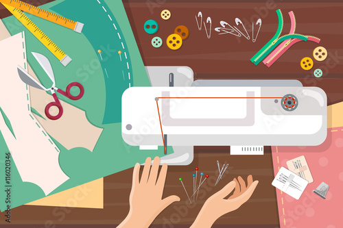 Seamstress work on sewing machine top view