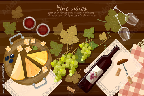 Wine and cheese tasting  top view wine bottle and grapes