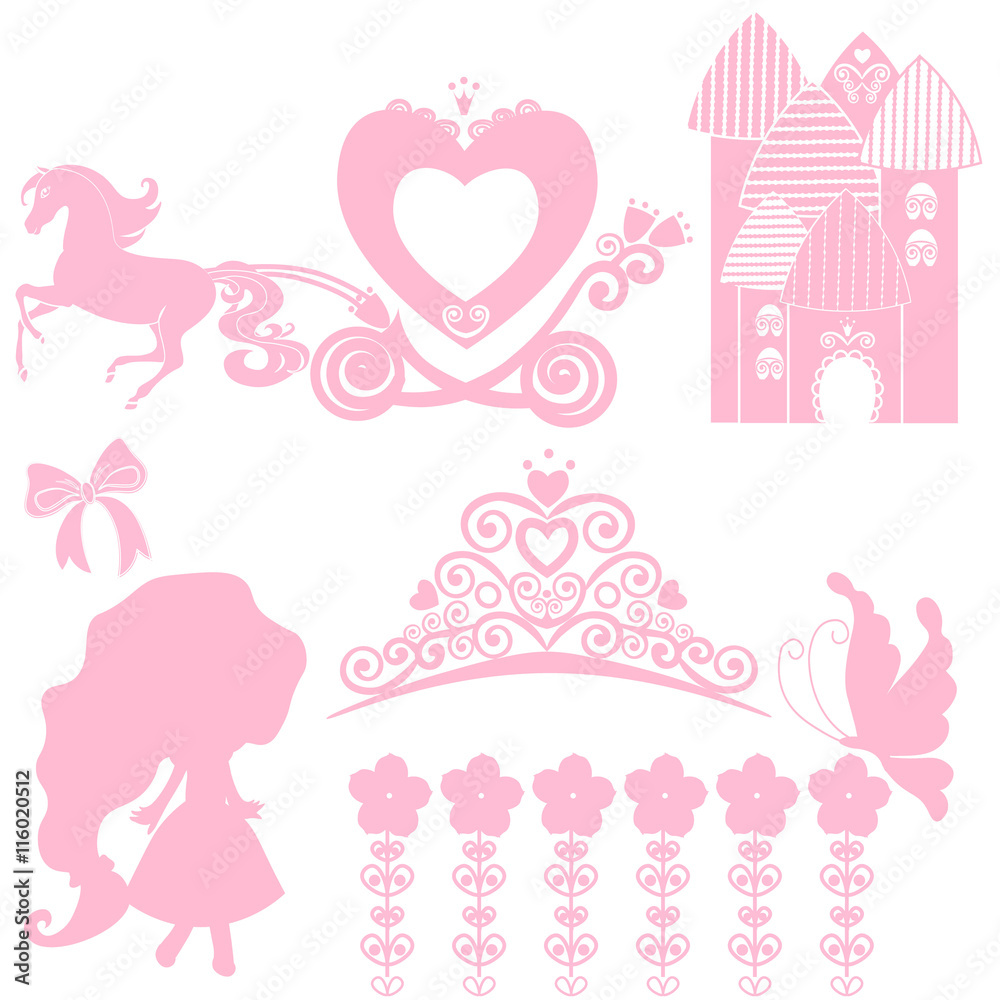 Cinderella set of collections. Crown, Vector illustration. design elements for little Princess, glamour girl. cards for birthday, wedding invitation. the carriage, the Palace, Pegasus, dancing, tiara.