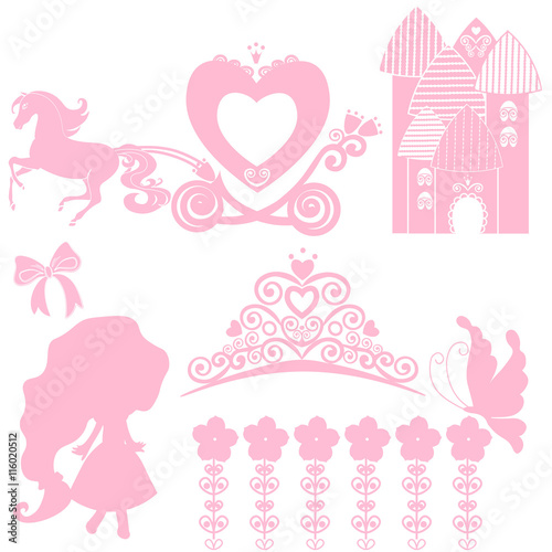 Cinderella set of collections. Crown, Vector illustration. design elements for little Princess, glamour girl. cards for birthday, wedding invitation. the carriage, the Palace, Pegasus, dancing, tiara.