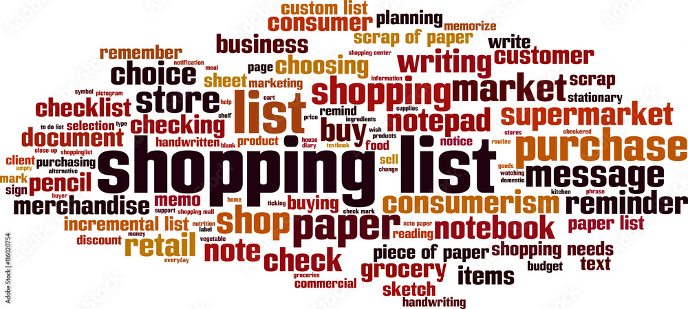 Shopping list word cloud concept. Vector illustration