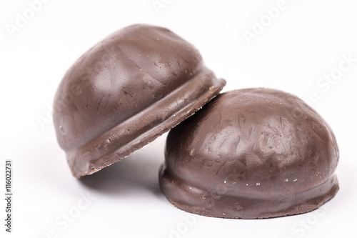 Chocolate round cookies with copy space on white background