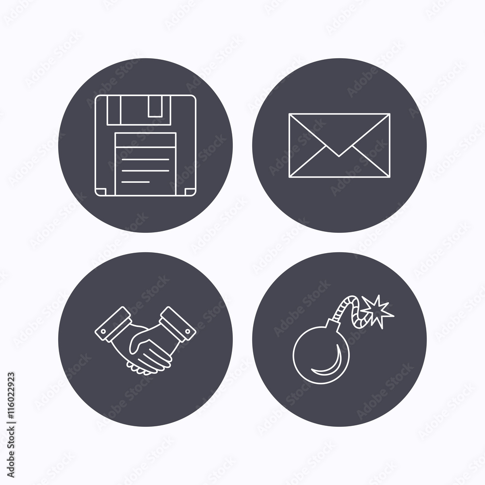 Mail, bomb and handshake icons. Mail, bomb and handshake icons.