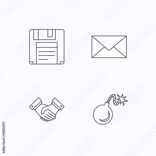 Mail, bomb and handshake icons.
