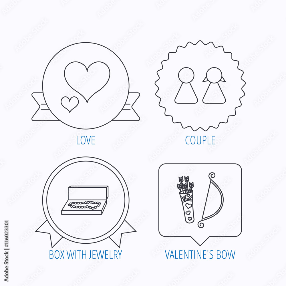 Love heart, jewelry and couple icons.