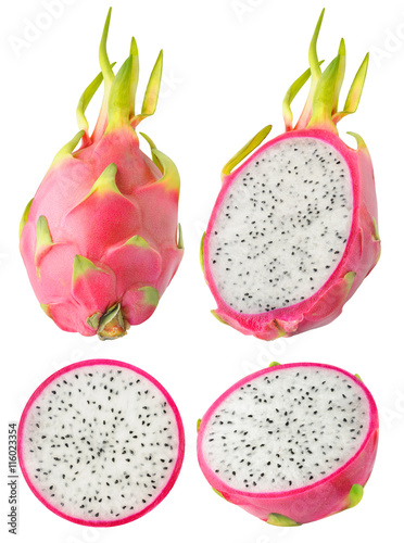 Collection of isolated dragon fruits  whole and sliced  on white background with clipping path