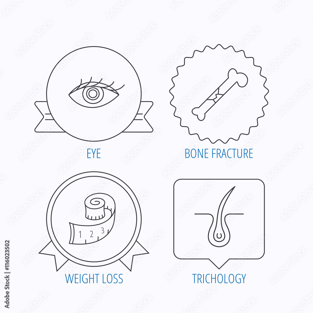 Bone fracture, weight loss and trichology icons. Bone fracture, weight loss and trichology icons.
