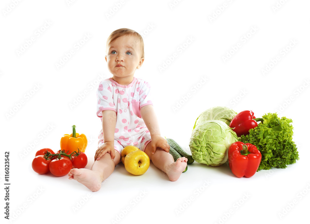 Cute baby girl with vegetables, isolated on white Cute baby girl with vegetables, isolated on white
