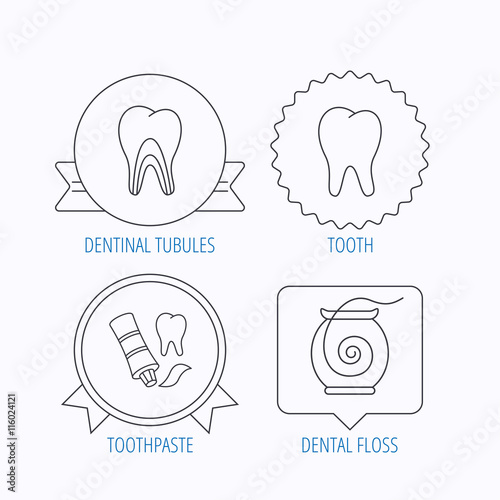 Tooth, dentinal tubules and dental floss icons.
