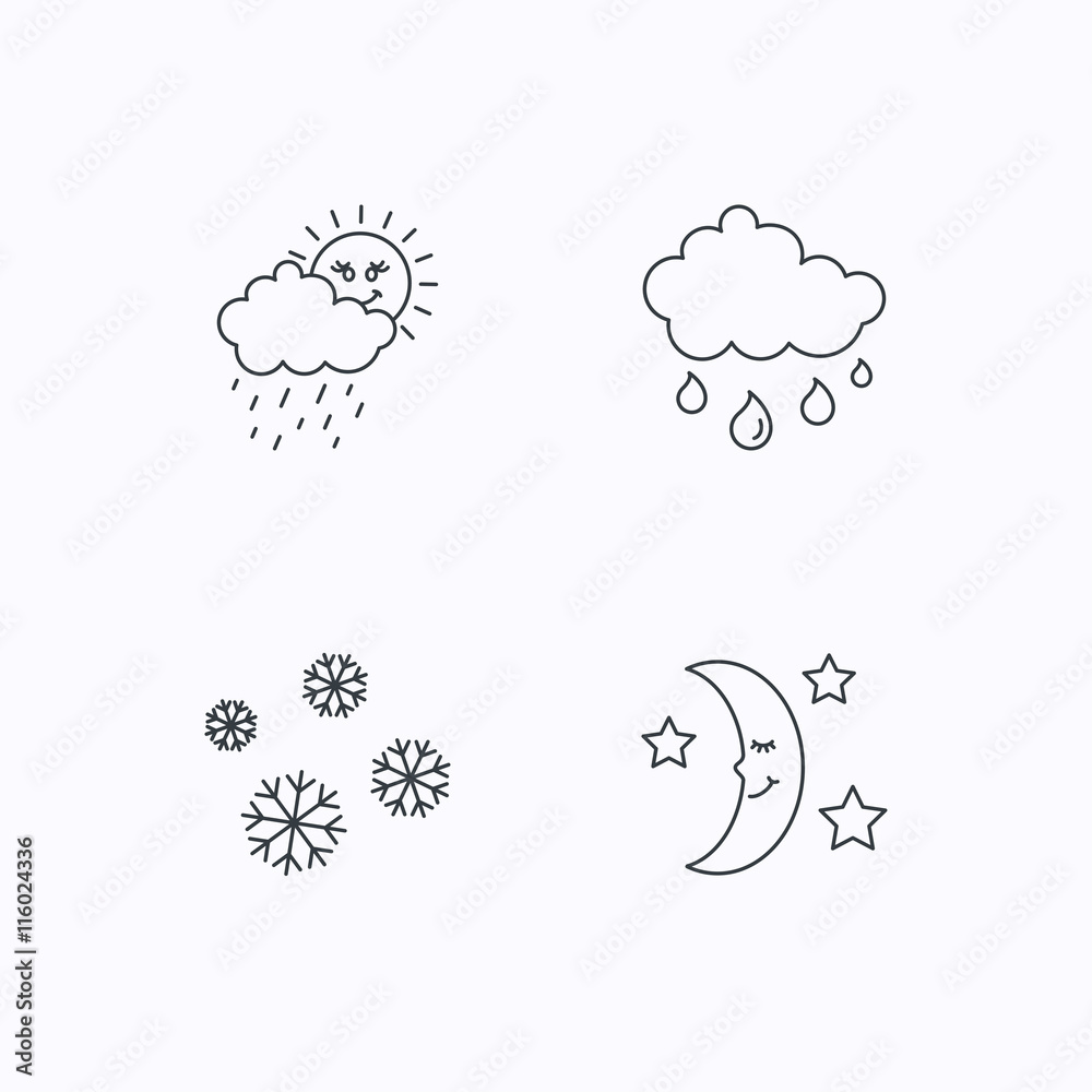 Weather, snowflakes and rain icons. Moon night. Weather, snowflakes and rain icons. Moon night.