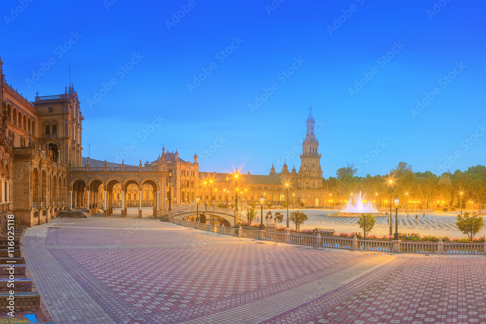 View of Spain Square on sunset, landmark in Renaissance Revival style, Seville, Spain