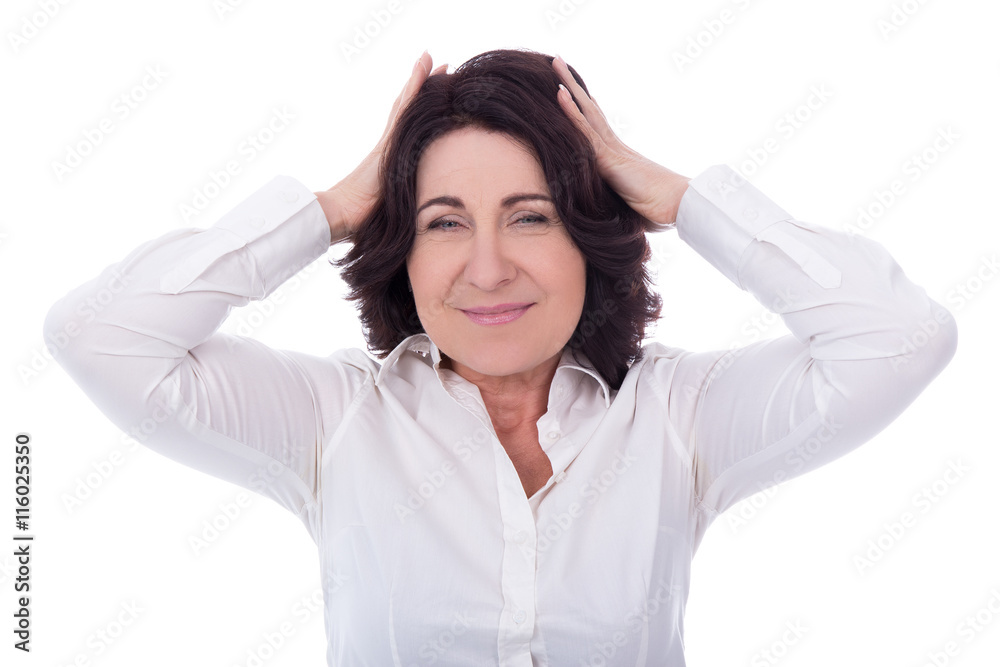 mature woman worried about something isolated on white mature woman worried about something isolated on white