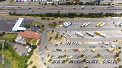 Aerial view of Tank- und Rastanlage (highway rest area) Wetterau. The rest area is located at German highway A5 between Giessen and Frankfurt