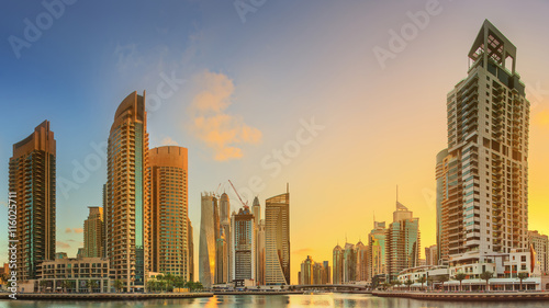 View of Dubai Marina bay with yacht, Dubai, UAE