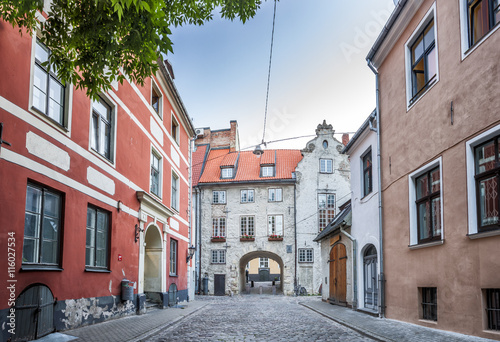 The Swedish Gate In Riga old Town. It's only remaining gate of city medieval defence wall. Panoramic montage of 3 HDR image