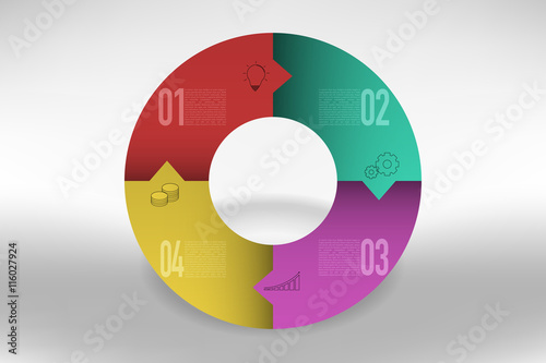 Connected four steps timeline infographics in circular shape with arrows. 4 steps modern business diagram with colorful gradients in rounded pie chart shape, can be used as infographic or timeline.