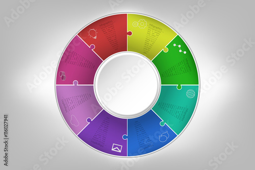 Modern colorful 8 steps timeline infographics in jigsaw shape. Eight steps business infographic diagram with outline icons in rounded puzzle shape embossed to background with inner 3D circle.