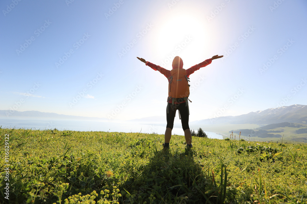 cheering young woman backpacker open arms at mountain peak cheering young woman backpacker open arms at mountain peak